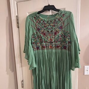 Umgee Green Pleated Sundress with Flutter Sleeves